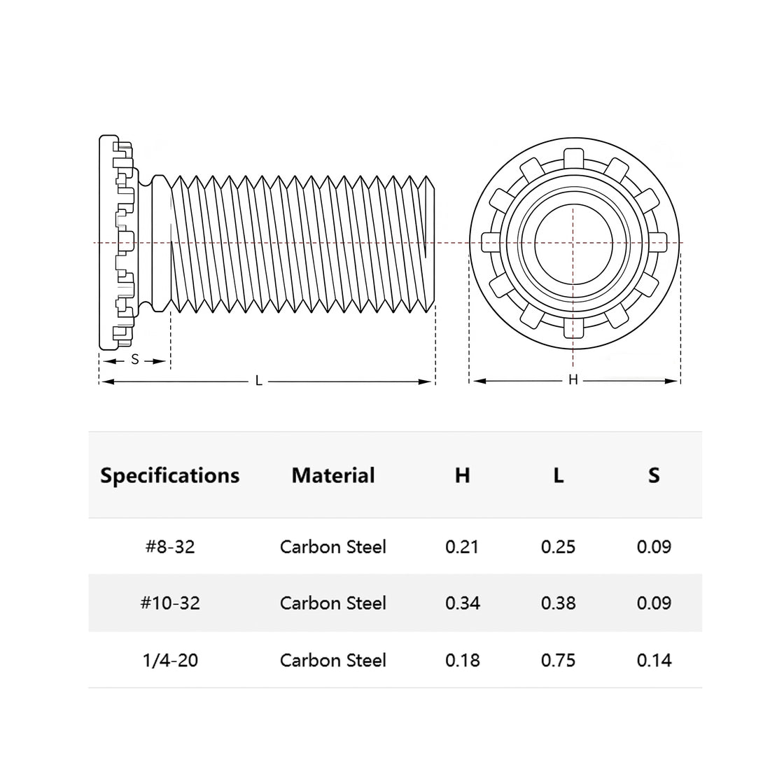 Self-Clinching Threaded Studs Carbon Steel 50 Pcs